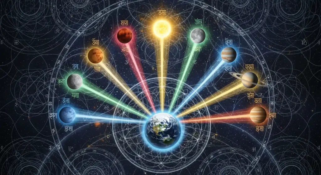 Vedic astrology cosmic connection showing planetary rays influencing human destiny through gemstones