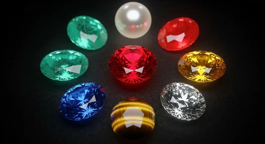Navratna gemstones representing the nine planets in Vedic astrology
